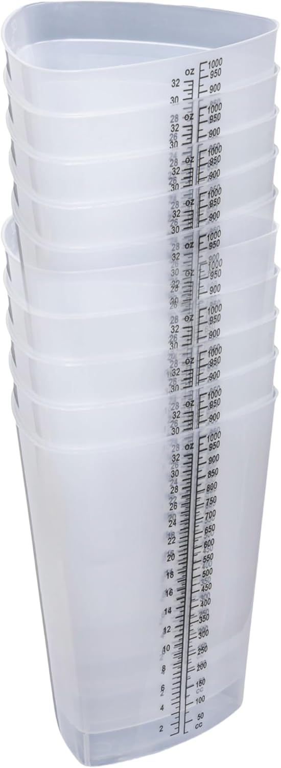 Vakly Plastic Graduated Triangular Intake Output Container [5 Pack] 32 ounce Three-Sided Translucent Laboratory Beaker for Measuring & Mixing - Clear Markings in oz & cc - for Specimen, Paint & Epoxy