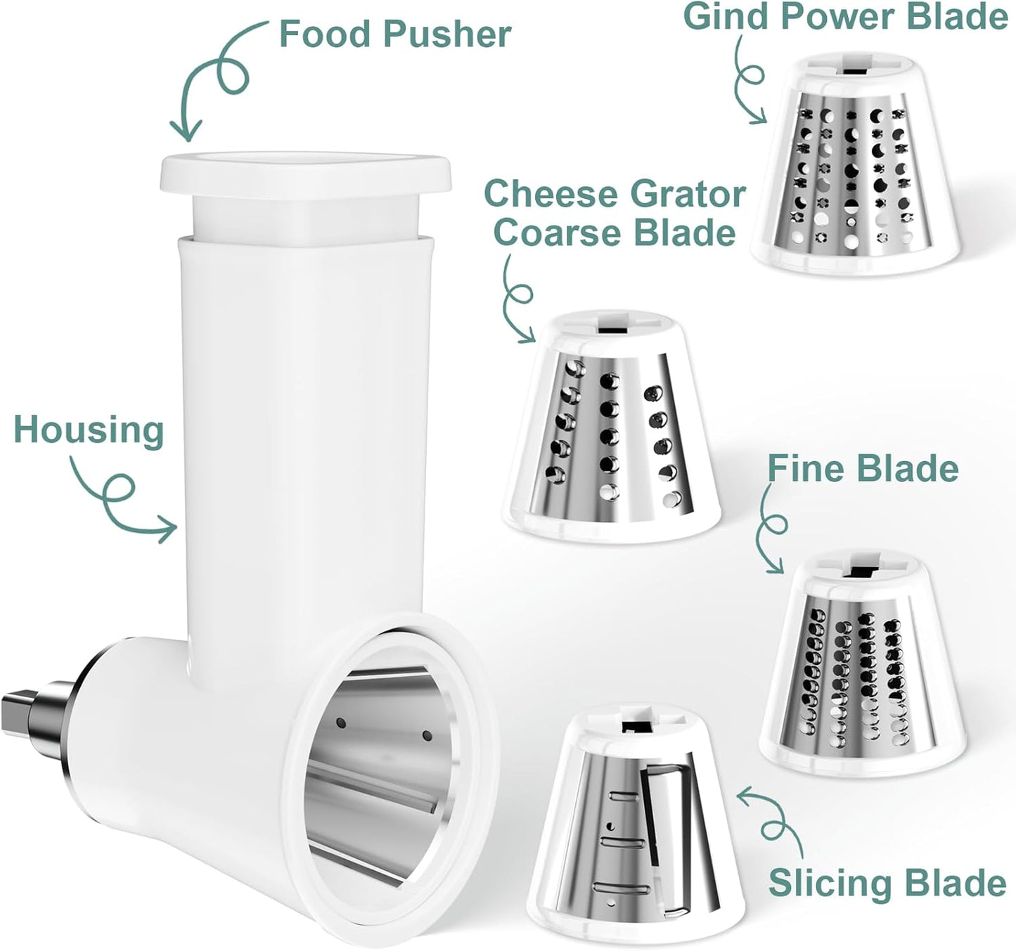 Slicer Shredder Attachment for KitchenAid Stand Mixer, Cheese Grater Attachment for Kitchenaid, Salad Maker, Grinding Powder, Dishwasher Safe with 4 Blades, White