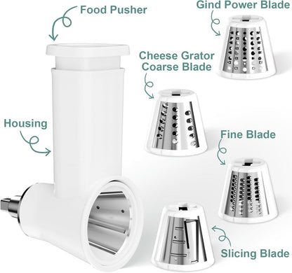 Slicer Shredder Attachment for KitchenAid Stand Mixer, Cheese Grater Attachment for Kitchenaid, Salad Maker, Grinding Powder, Dishwasher Safe with 4 Blades, White