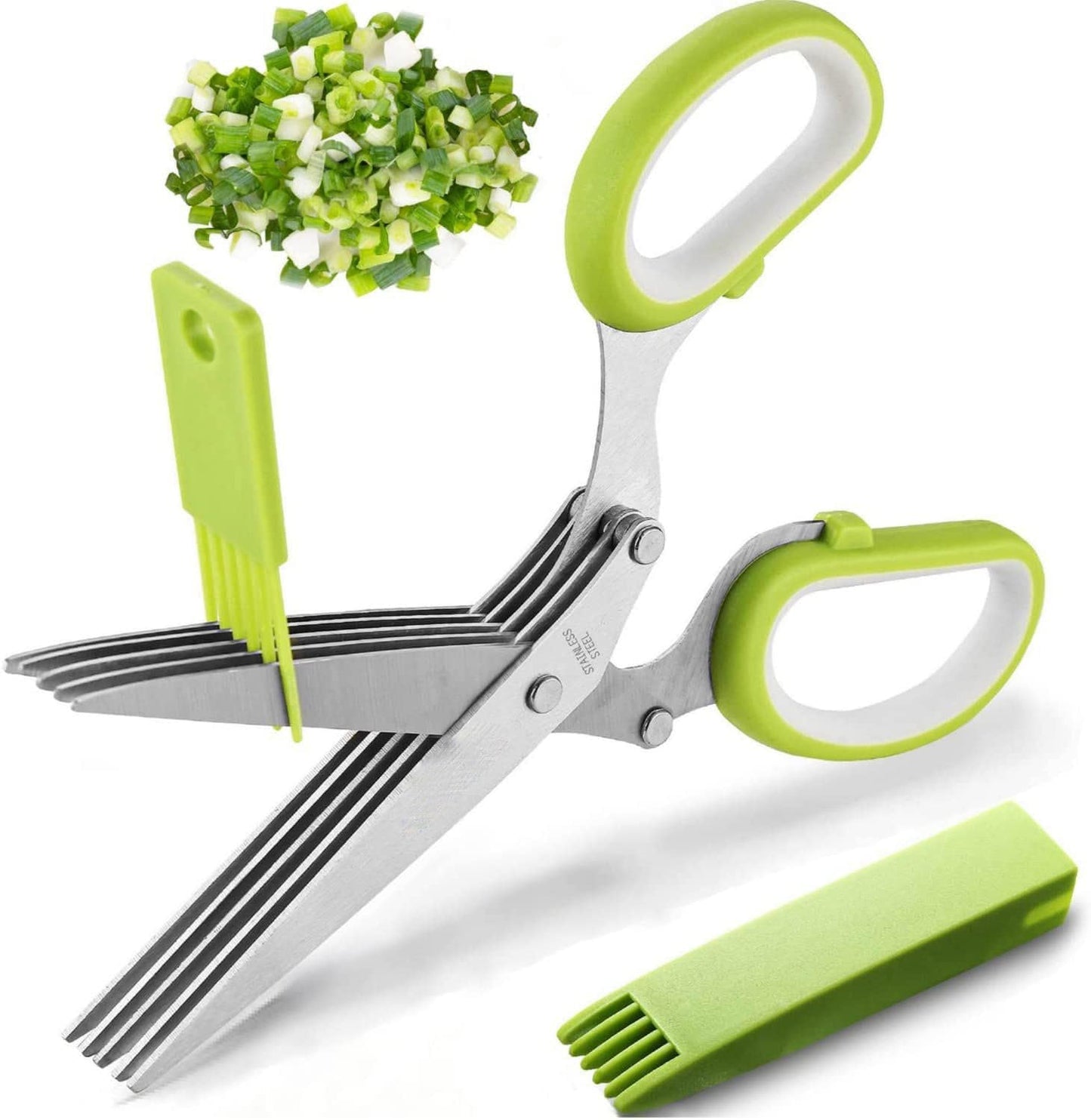 Herb Scissors with 5 Sharp Stainless Steel Blades, for Cutting Chives, Parsley, Basil and more, Includes Cleaning Comb and Safety Cover (Green)