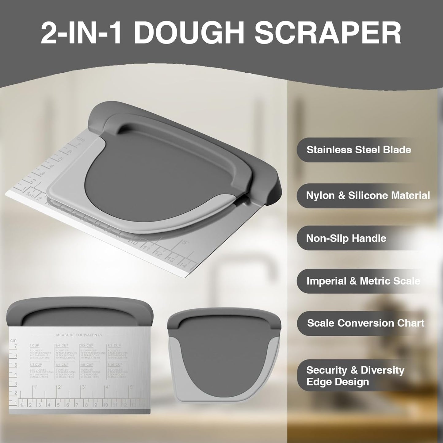 Bench Scraper Dough Cutter Tool - Bowl Pastry Scraper for Bread Cake Pizza, Bench Knife Kitchen Dough Scraper for Baking, Stainless Steel Food Scraper with Grip Handles & Measuring Scal, Blue