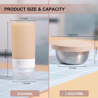 MICEBAY 8-Pack Salad Dressing Container To Go, 2-oz Silicone Small Condiment Squeeze Bottles and 1.6 oz Stainless Steel Sauce Containers Cups, Leakproof Condiment Containers with Lids for Lunch Box