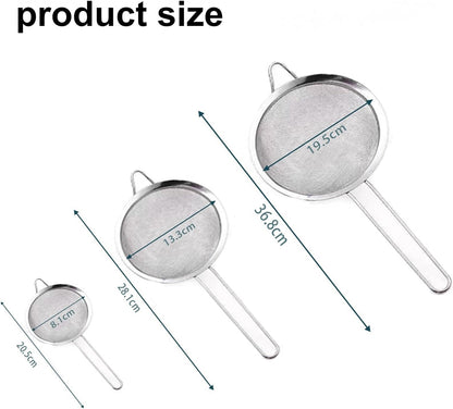 3Pcs Stainless Steel Fine Mesh Strainer Set (Small/Medium/Large) – Metal Sieve Sifter with Handle, Ideal for Rice/Juice/Quinoa/Flour, Kitchen Baking & Straining Tools