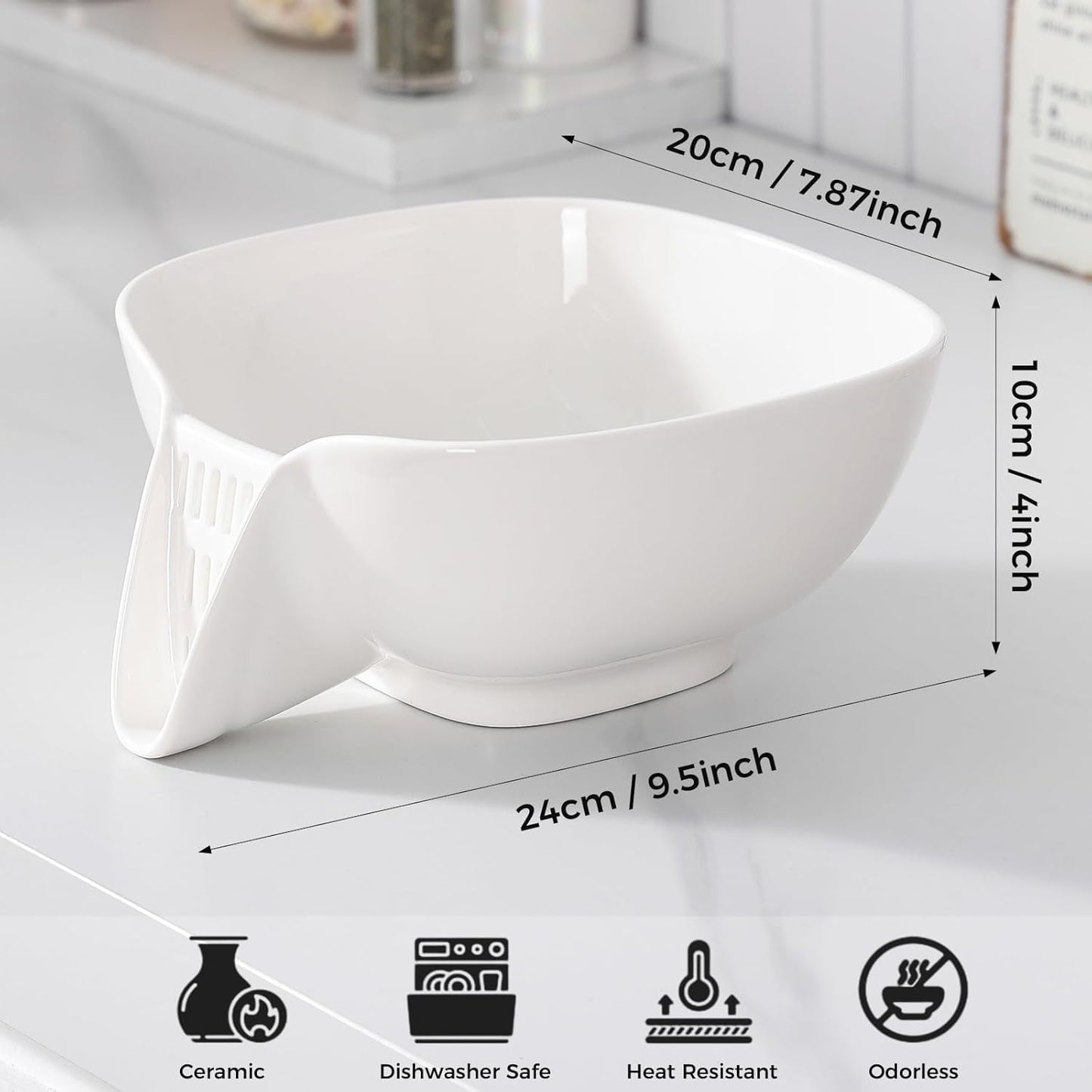 Dizada Ceramic Drain Basket 60 Oz - Porcelain Colander with Integrated Spout for Kitchen, Food Strainer for Vegetables, Fruit, Pasta, Heat-Resistant Dishwasher Safe
