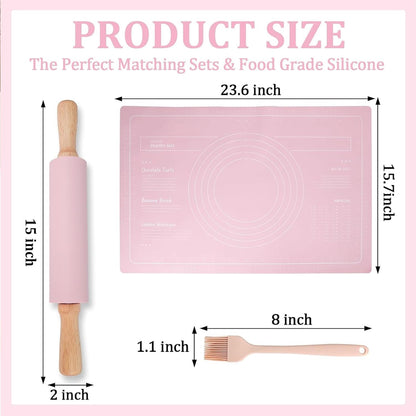 Silicone Rolling Pin for Baking,15Inch Pastry Dough Roller with Wooden Handle,Non Stick Surface Rolling Pin for Dough Cookie Pastry Tapered Dumpling Baking Supplies Kitchen Accessories