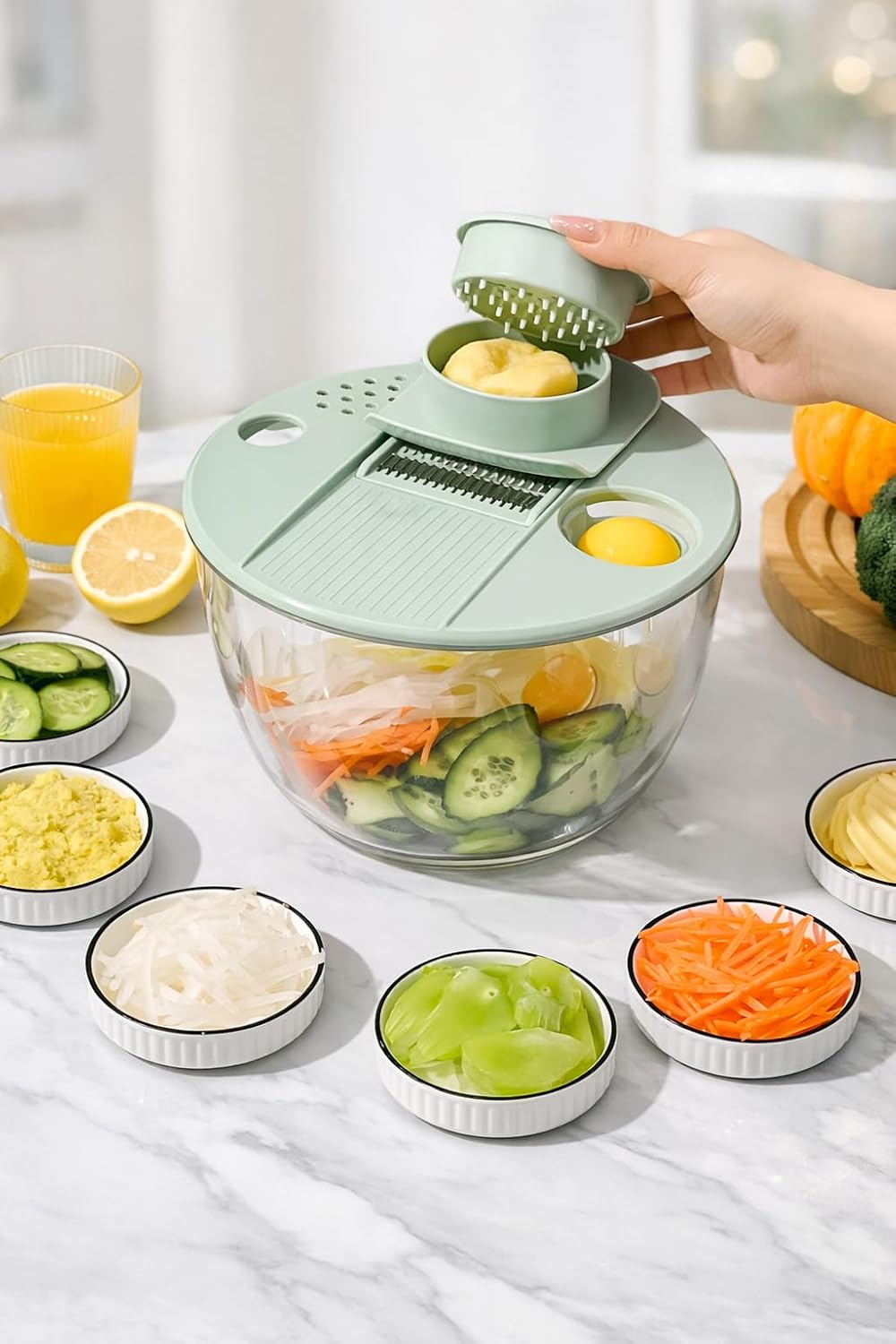 Salad Spinner 7‑Piece Multifunction Set – Lettuce Spinner, Vegetable Washer, Salad Chopper, Slicer, Shredder & Grater – Salad Bowl with Lid & All‑in‑One Kitchen Gadget for Easy Prep