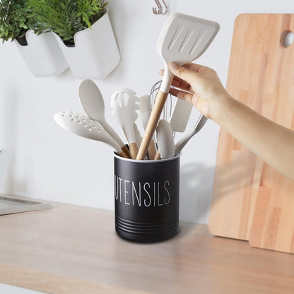 Bivvclaz Kitchen Utensil Holder, 6.7" Utensil Holder for Kitchen Counter, Cooking Utensil Crock with Cork Bottom, Modern Farmhouse Decor, Countertop Utensil Storage Organizer Caddy, Black
