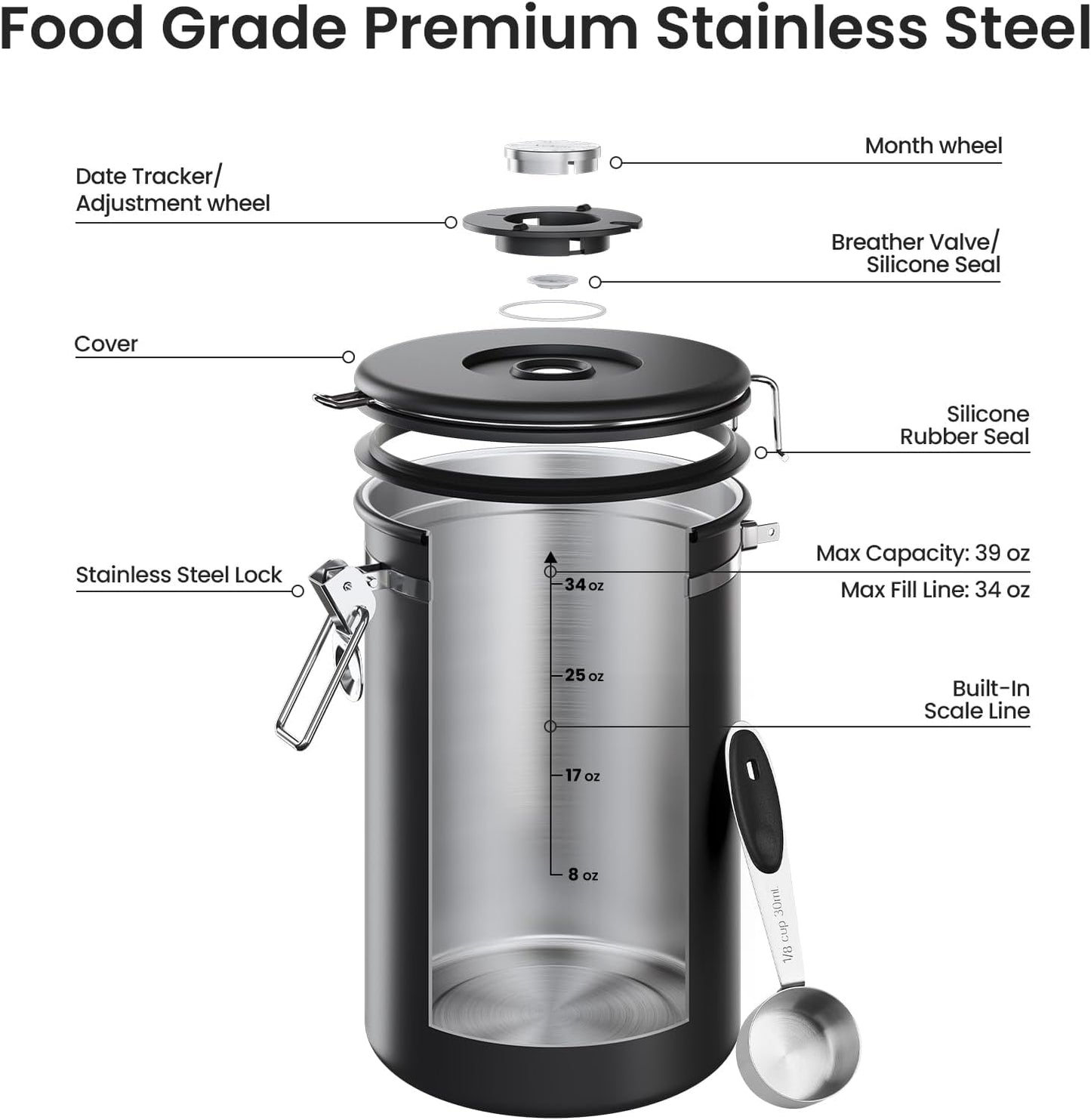 Veken Coffee Canister, Airtight Stainless Steel Kitchen Food Storage Container with Date Tracker and Scoop for Beans, Grounds, Tea, Flour, Cereal, Sugar, Cookie, 16OZ, Cream