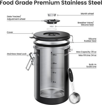 Veken Coffee Canister, Airtight Stainless Steel Kitchen Food Storage Container with Date Tracker and Scoop for Beans, Grounds, Tea, Flour, Cereal, Sugar, Cookie, 16OZ, Cream
