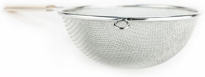 Huji 8-Inch Stainless Steel Double Mesh Food Strainer Colander - Fine Sieve Sifter with Wooden Handle for Kitchen Cooking, Pasta, Rice, Noodles, and More