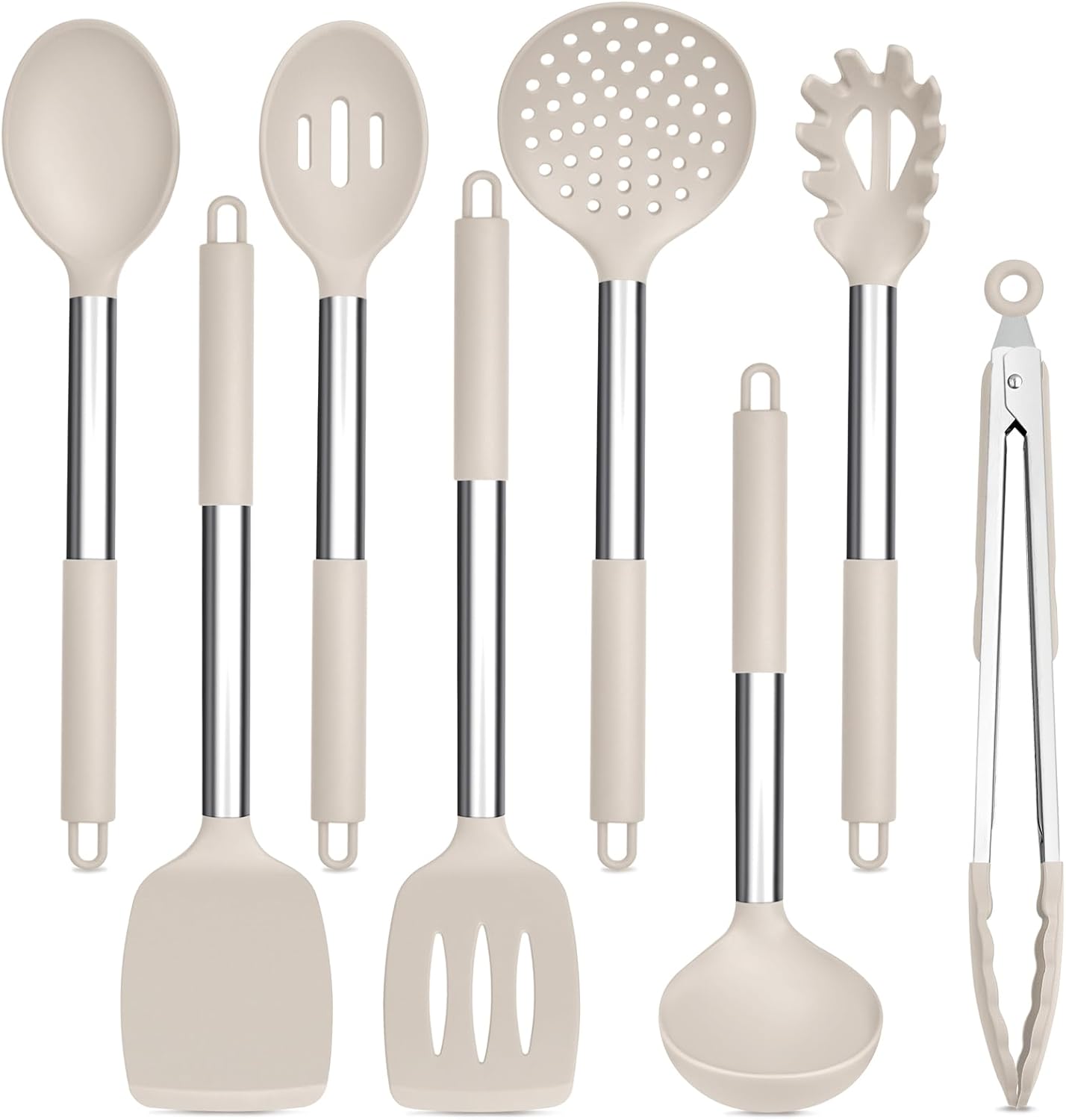 TeamFar Kitchen Utensils Set of 8, Silicone Utensils Kitchen Tools Set with Stainless Steel Handle, for Frying Serving Flipping Draining, Non-toxic & Heatproof, Nonstick & Dishwasher Safe - Black