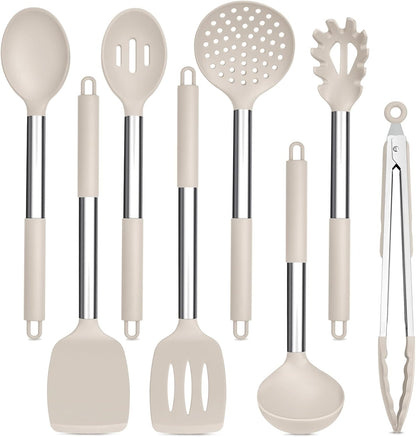 TeamFar Kitchen Utensils Set of 8, Silicone Utensils Kitchen Tools Set with Stainless Steel Handle, for Frying Serving Flipping Draining, Non-toxic & Heatproof, Nonstick & Dishwasher Safe - Black