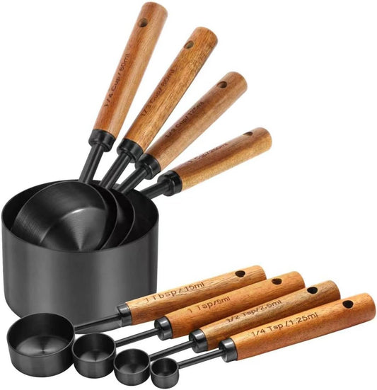 Gold Measuring Cups and Spoons Set,8 Piece Premium Stainless Steel Measuring Cups with Wood Handles,4 Stackable Wooden Measuring Cups and 4 Measuring Spoons Set for Baking Supplies in the Kitchen