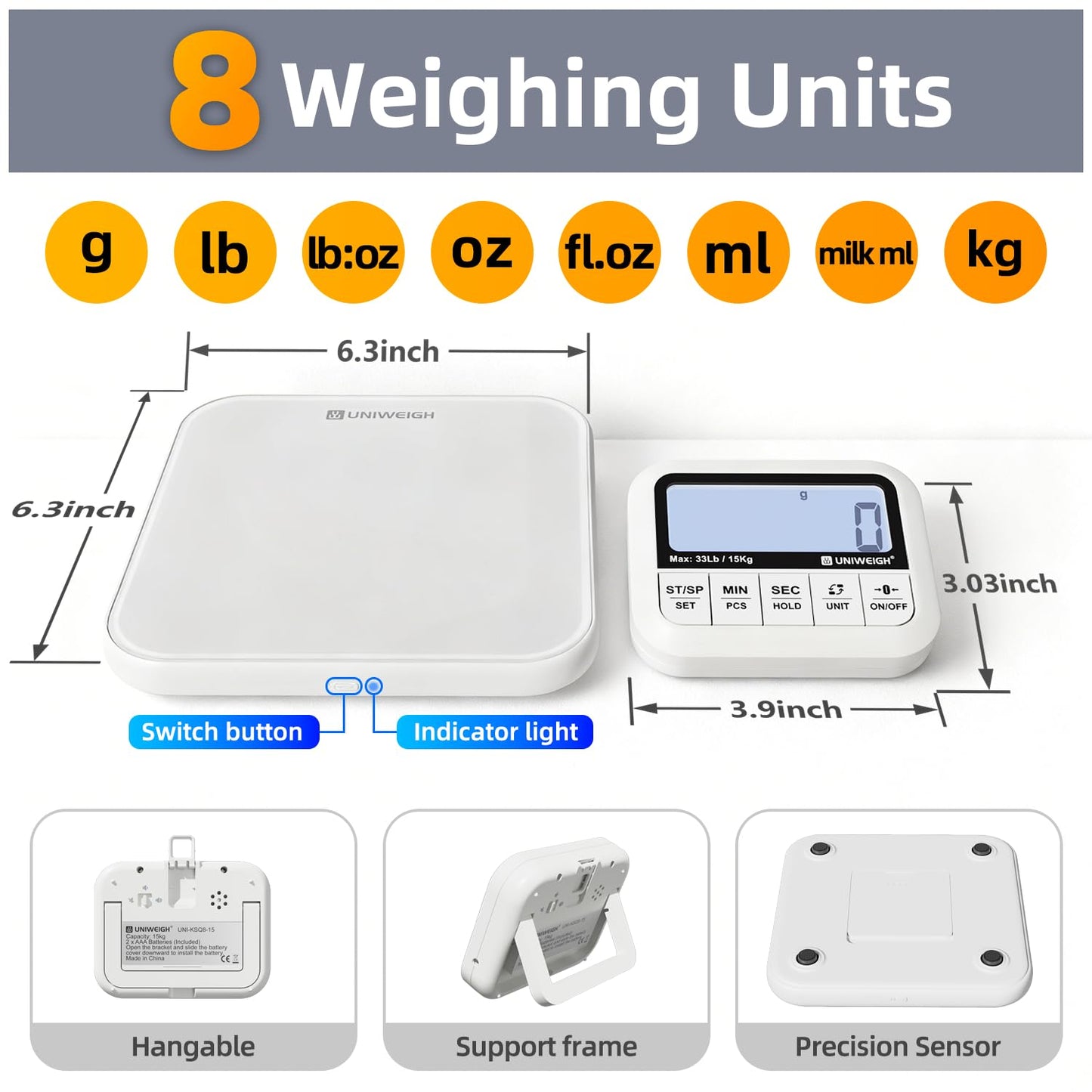 UNIWEIGH Digital Kitchen Food Scale 33lb-Detachable LCD Display,1g/0.1oz Precise Electronic Weight Scale for Baking, Tare/Hold/Timer Function, Glass Platform, Count Mode, Wall-Mount & Tilt Stand