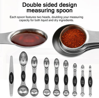 Magnetic Measuring Cups and Spoons Set, 17PCS Stainless Steel Dual-Sided Spoons with Built-in Leveler for Dry & Liquid Ingredients, Magnetic Nesting Design for Baking & Cooking(COLOR:silver)
