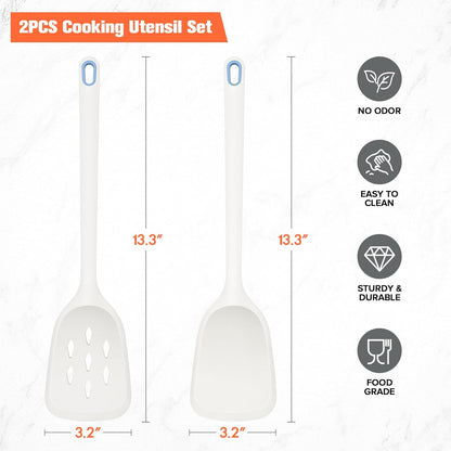 Silicone Cooking Spatula&Slotted Spatulas, Pack of 2,Solid Turner Kitchen Utensils Set for Cooking,Frying, Baking, Flipping, Turning,Heat Resistant 450℉ (Green)