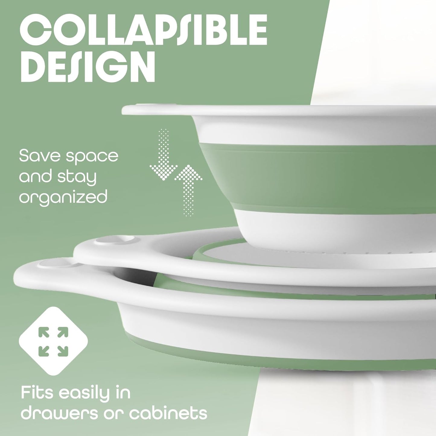 Gevoli Collapsible Colanders with Self-Draining Base for Edge of Sink, Food Strainers (Small/Med/Large), Nested Design for Easy Storage (Red, Blue, Green) (4PC Set)