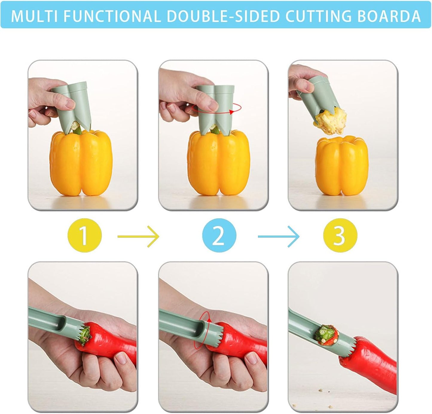 Pepper Corer, 2 in 1 Red Bell Pepper Seed Corer Remover Tool, Fruit & Vegetable Corers Quick Cave Tools for Jalapeno Cutter Deseeder, Green