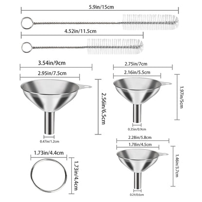 6 Pcs Stainless Steel Mini Funnels for Kitchen use. Large Tiny Small Funnel Set of 3, Metal Cooking Powder Food Grade Flask Funnels for Filling Bottles Liquor Water Spice, 2Pcs Cleaning Brushes VOPTON