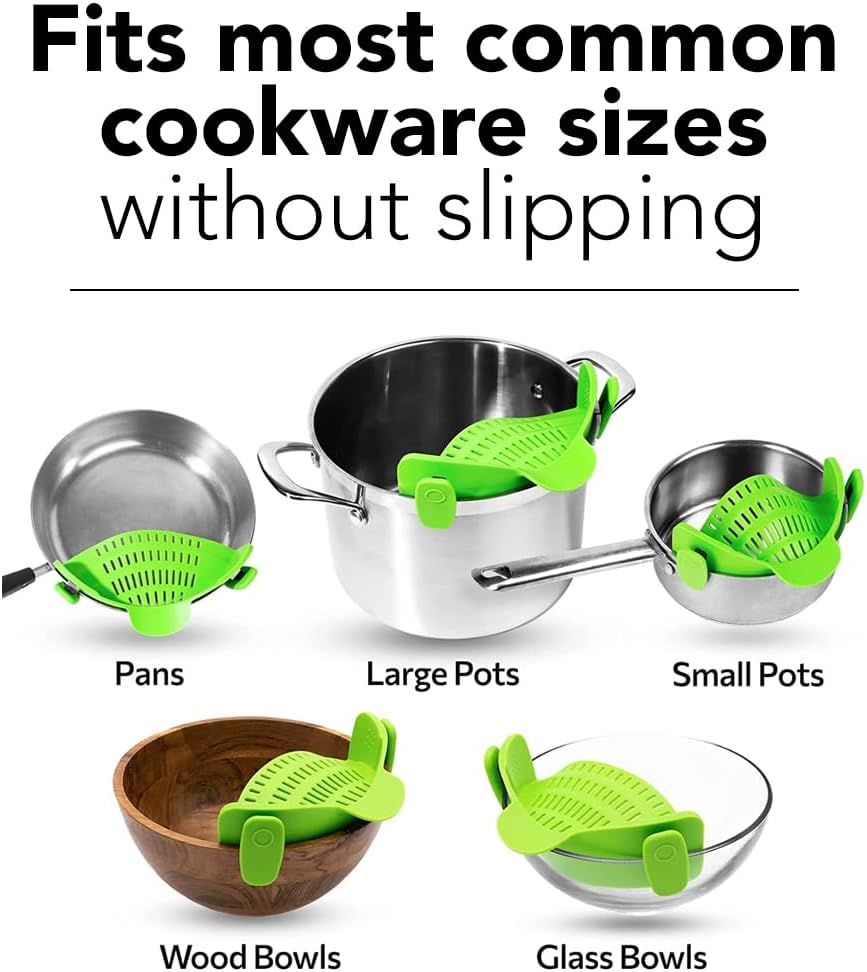 Clip‑On Pot Strainer Silicone Gray Dishwasher‑Safe Side‑Mount Design 9.4×4.6×2.5 Inches | Snap Drain Colander for Pans Bowls Skillets | Heat‑Resistant Kitchen Gadget Splash‑Guard