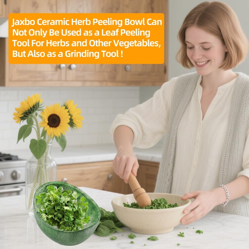 Herb Stripper Bowl with Four Sizes Holes, Herb Stripper, Ceramic Handmade Herb Stripper Tool, Herb Peeler for Kale, Thyme, Basil, Rosemary Separating Leaves and Stems(Green)