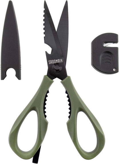 Kitchen Scissors All Purpose, Extra Sharp Kitchen Shears with Knife Sharpener & Sheath, Solid & Durable Stainless Steel Scissors with ANTI-RUST Black Titanium Plated, Dishwasher Safe - Green
