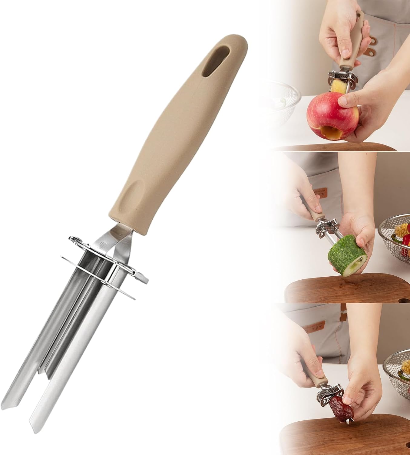 Apple Corer Tool - Stainless Steel Professional Apple Core Remover for Fruits & Vegetables, Multi-Purpose Corer Tool Kitchen with Storage Hook (Khaki)