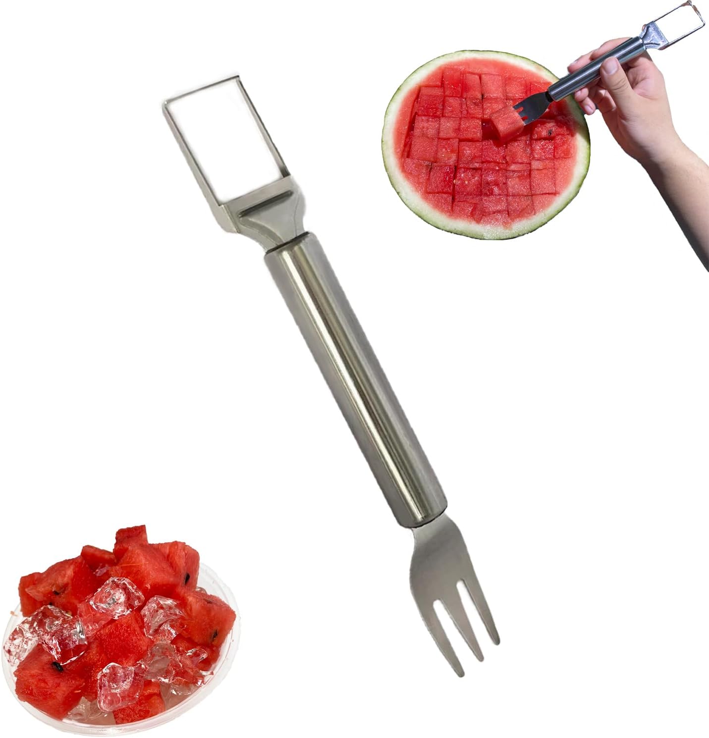2-in-1 Stainless Steel Watermelon Slicer Fork, Kitchen Fruit Cutter Tool for Camping and Family Gatherings,Silver watermelon fork slicer cutter,Melon Cutter,Fruit Slicer