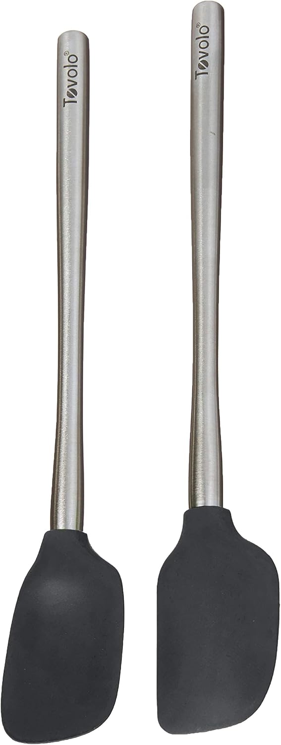 Tovolo Flex Core Silicone Spatula Spoonula Set of 2 for Non Stick Cast Iron Cooking & Baking, Dishwasher Safe Heat Resistant BPA Free Long Stainless Steel Handle Kitchen Utensil, Charcoal Gray