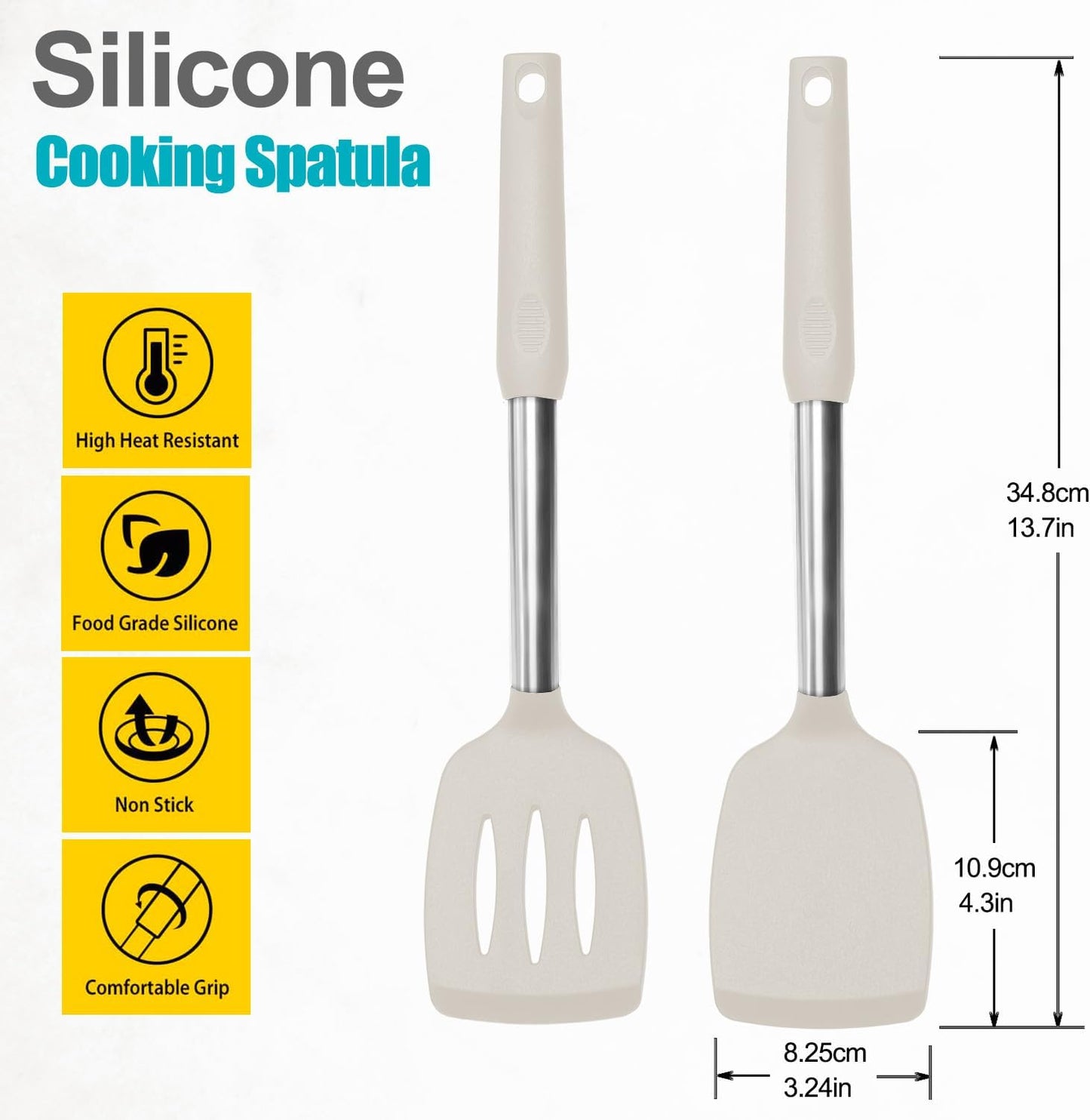 2 Pack Spatulas, Solid & Slotted Silicone Spatula Set, Stainless Steel Handle Coated with Silicone, Non Stick Turners, Heat Resistant Rubber Spatulas for Fish, Eggs, Pancakes, WOK, Black
