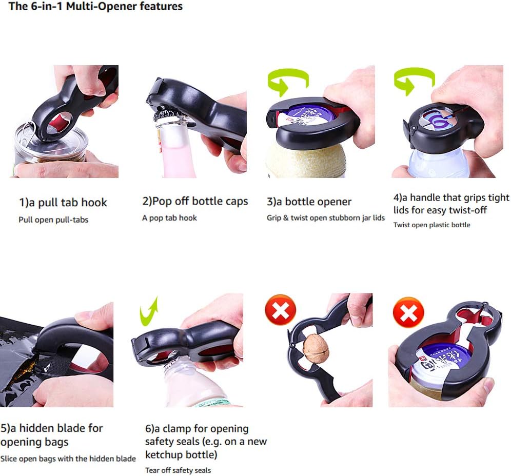 Bottle Opener Set,2Pcs Inclinding 5-in-1 and 6-in-1, Can, Soda, and Jar Openers, Twist Off Lid – Jar Opener for Seniors and Arthritic Hands (Gray Black)