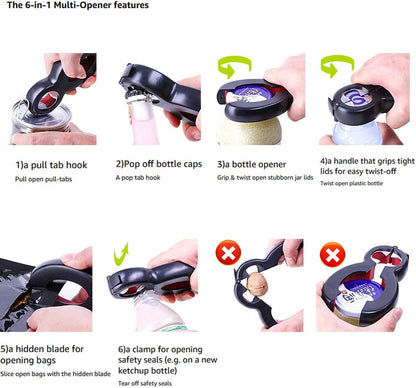 Bottle Opener Set,2Pcs Inclinding 5-in-1 and 6-in-1, Can, Soda, and Jar Openers, Twist Off Lid – Jar Opener for Seniors and Arthritic Hands (Gray Black)
