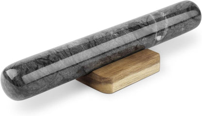 Flexzion French Rolling Pin, 12 Inch White Marble Rolling Pins for Baking with Wooden Base Holder Stand - Non-Stick Baking Roller for Baking Fondant, Crust, Pastry, Cookies, Pizza, Pasta