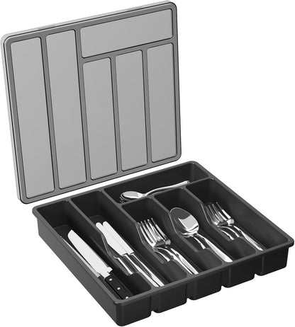 Lifewit Silverware Organizer with Lid, Covered Utensil Tray for Kitchen Drawer and Countertop, Plastic Cutlery and Flatware Storage Box for Spoons Forks Knives Holder Case, 12.6x11.8", Gray