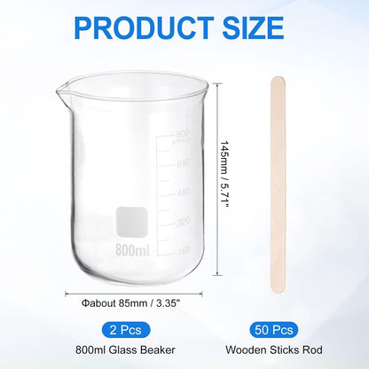 PATIKIL 250ml Glass Beaker, 2 Pack Measuring Glass Beaker Graduated Borosilicate Lab Cups Mug Low Form Heat Safe Transparent with 50pcs Wood Sticks for Laboratory Science Kitchen Liquids