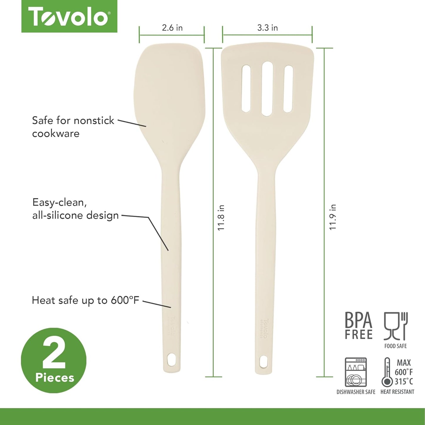 Tovolo Elements Silicone Spatula Turner Set Kitchen Utensils Heat Resistant 600F Easy Clean Dishwasher Safe Nonstick Spatula Turner Bundle Cookware for Cooking Baking Mixing Tools, Thyme Green