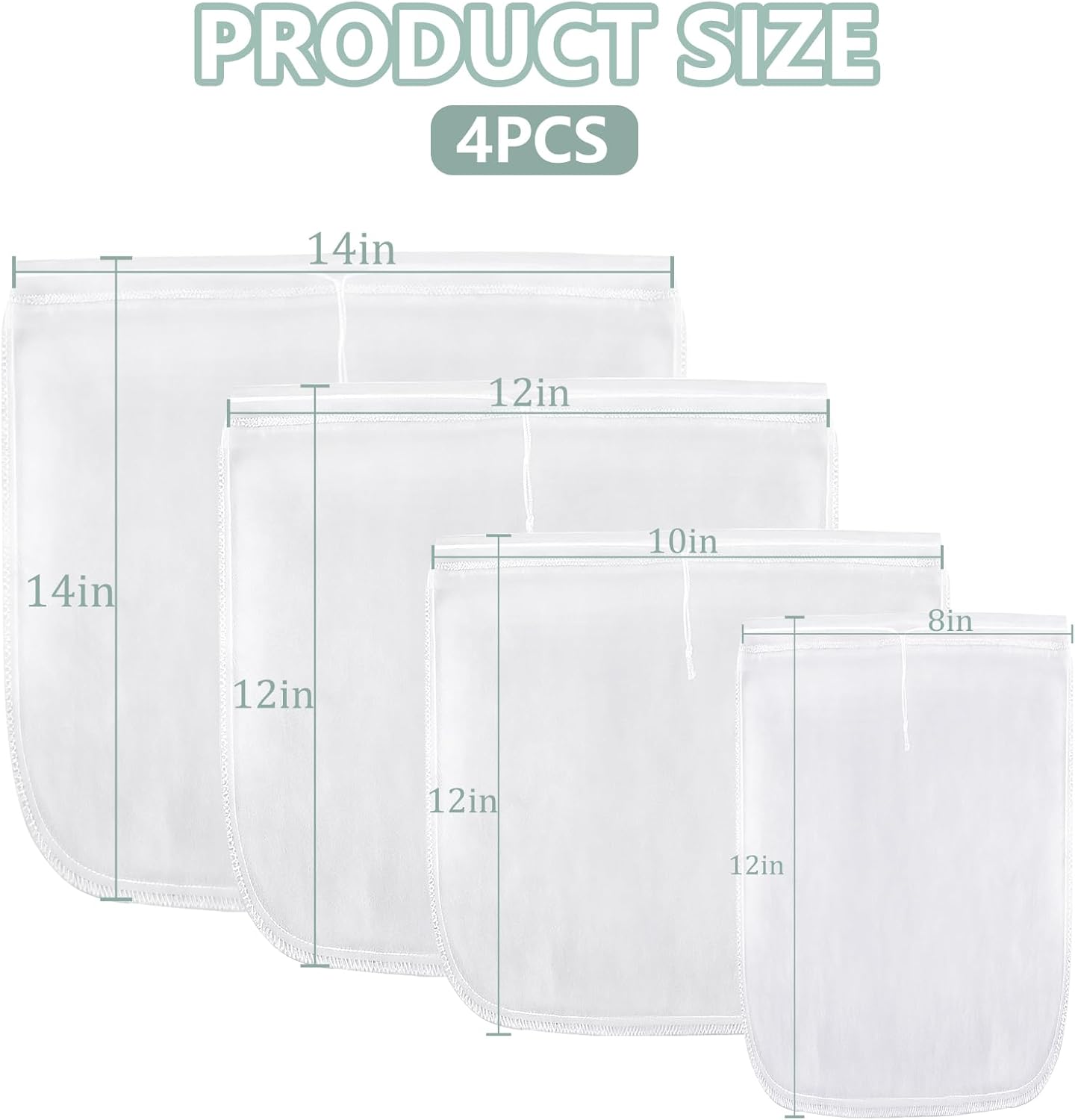 Ninsula 4PCS Nut Milk Bag, Food Grade Nylon Cheese Cloth Bag, Straining Reusable Fine Mesh Strainer for Tea, Yogurt, Juice, Cheese, Soup, Herbs, Vegetable Juice (8"x12"/14"x14"/10"x12"/12"x12")