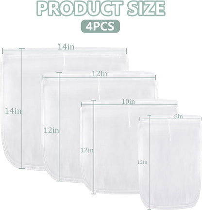 Ninsula 4PCS Nut Milk Bag, Food Grade Nylon Cheese Cloth Bag, Straining Reusable Fine Mesh Strainer for Tea, Yogurt, Juice, Cheese, Soup, Herbs, Vegetable Juice (8"x12"/14"x14"/10"x12"/12"x12")
