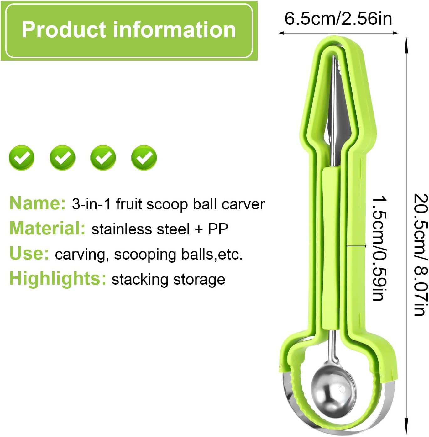 Melon Baller Scoop Set, Stainless Steel 3-in-1 Durable Melon Baller Scooper Tool Practical Kitchen Gadget Kit for Watermelon Cantaloupe Dragon Fruit Cutter