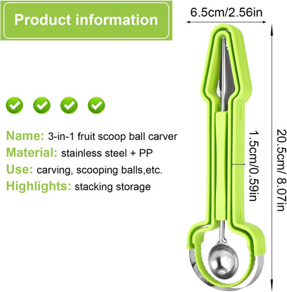 Melon Baller Scoop Set, Stainless Steel 3-in-1 Durable Melon Baller Scooper Tool Practical Kitchen Gadget Kit for Watermelon Cantaloupe Dragon Fruit Cutter