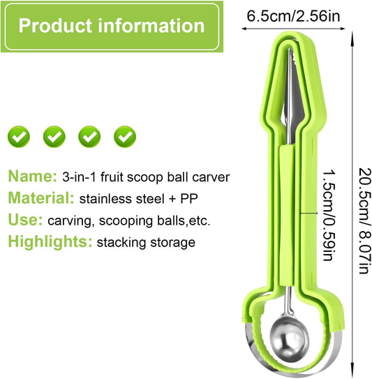 Melon Baller Scoop Set, Stainless Steel 3-in-1 Durable Melon Baller Scooper Tool Practical Kitchen Gadget Kit for Watermelon Cantaloupe Dragon Fruit Cutter