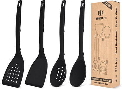 Pack of 4 Silicone Cooking Utensils Set, Non Stick Solid Spatulas and Heat Resistant Slotted Spoons with Back Hooks, Ideal BPA Free Kitchen Utensils Set for Frying,Serving,Turning,Stirring(KHAKI)