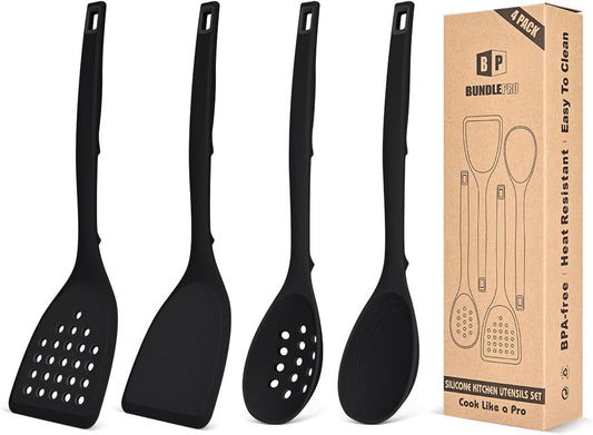 Pack of 4 Silicone Cooking Utensils Set, Non Stick Solid Spatulas and Heat Resistant Slotted Spoons with Back Hooks, Ideal BPA Free Kitchen Utensils Set for Frying,Serving,Turning,Stirring(KHAKI)