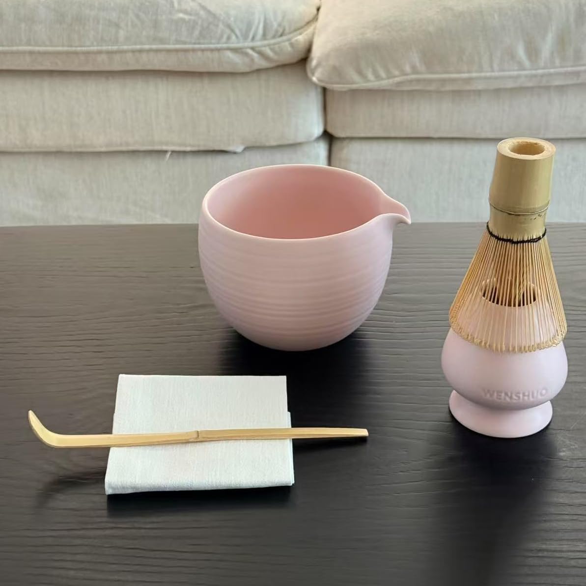 Matcha Whisk Set, Ceramic Matcha Bowl & Whisk Holder, Bamboo Accessory, Modern Design (Matte Crème, Pouring Spout) (Matte Crème)