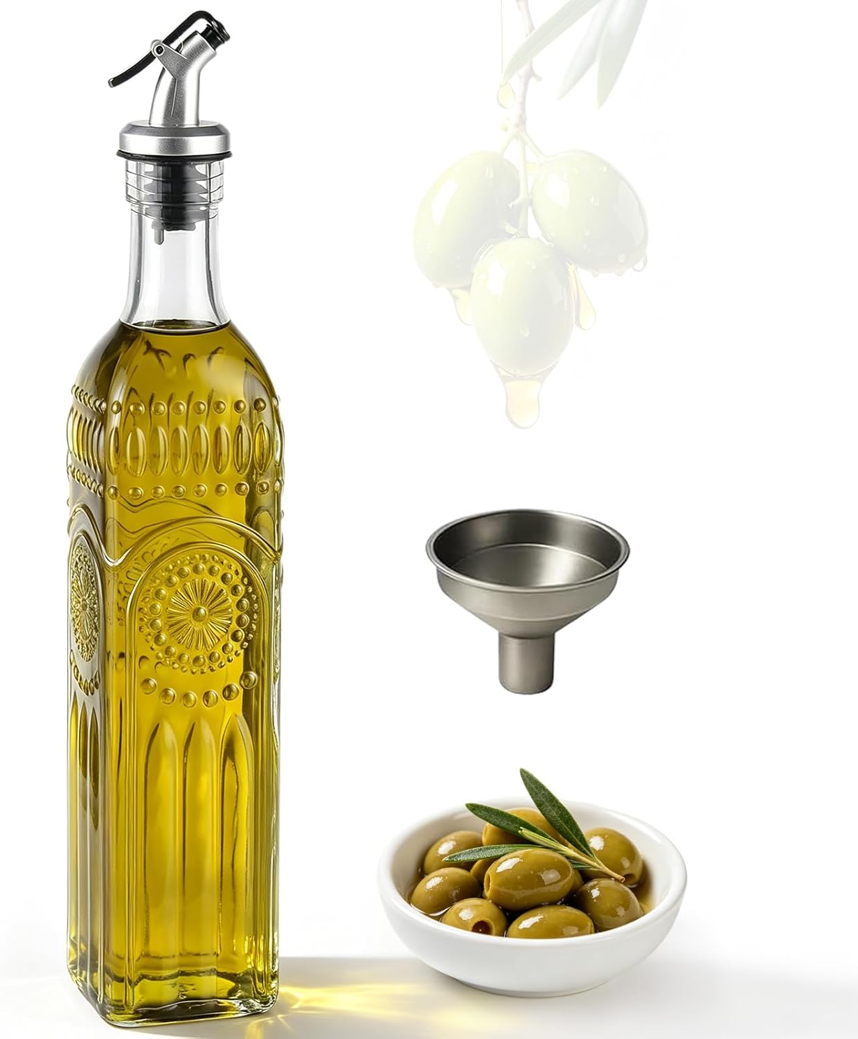 WERTIOO Olive Oil Dispenser Bottle,4Pack 17 OZ Glass Oil Dispenser for Kitchen with 4 Pourer,2 Stainless Steel Funnel & 1 Pen and 8 Label for Kitchen (500ml)