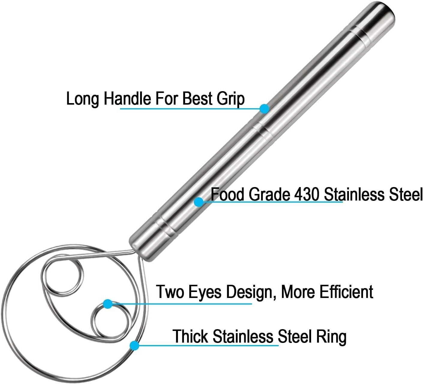 Large Danish Dough Whisk Bread Mixer, Premium Stainless Steel Dutch Whisk for Bread, Pastry or Pizza Dough - Perfect Baking Tool Alternative to a Blender, Mixer or Hook