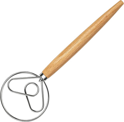 Maxjoy Danish Dough Whisk Wooden Dutch Bread Mixer with Stainless Steel Hook for Sourdough Baking Hand Tool
