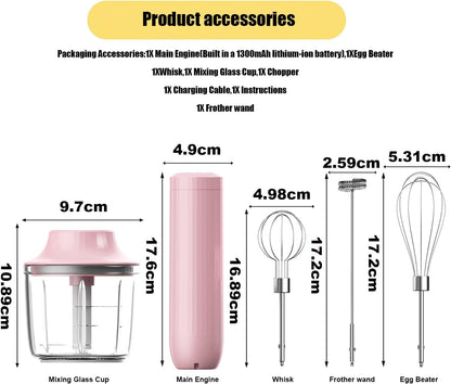 Cordless Hand Mixer MixgoII, Handheld Mixer Electric Whisk & Milk Frother, Hand Held Mini Mixers, Rechargeable Hand Mixer and Whisker, Food Processor for Cooking, Food Chopper, 4-Speed, 10Oz