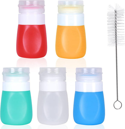 PuGez Salad Dressing Container to Go, Mini Food Condiment Portable Storage Squeeze Bottles for Ketchup/Sauces, Leak Proof, Leak-Resistant, 5 Pack with Cleaning Brush (1.3oz, 37ML)