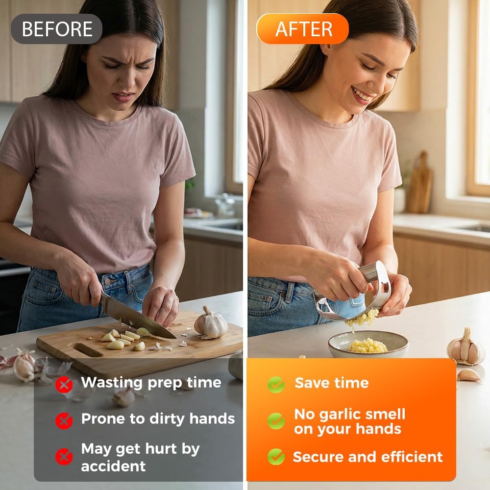 Kruggo Garlic Press Rocker, Stainless Steel Garlic Crusher, Mincer and Chopper with Peeler and Cleaning Brush, Comfortable Grip & Effortless Smashing, Essential Kitchen Tools (Crusher+Peeler- 2PCS)